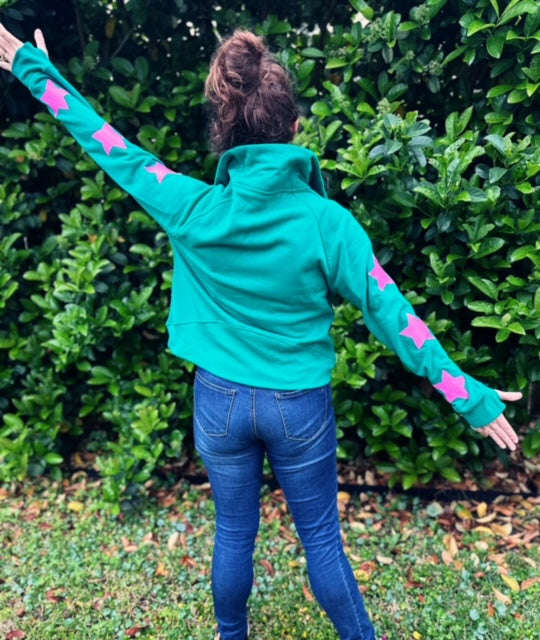 Star Sleeves (Hot Pink) - Kelly Green Half Zip Crop Sweatshirt