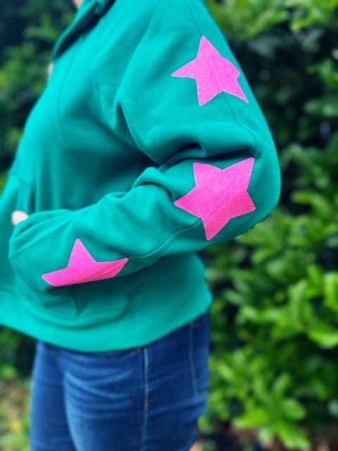 Star Sleeves (Hot Pink) - Kelly Green Half Zip Crop Sweatshirt