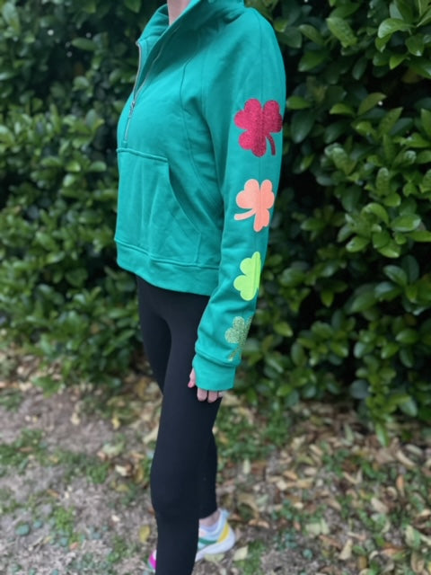 Shamrock Sleeves (Rainbow) - Kelly Green Half Zip Crop Sweatshirt