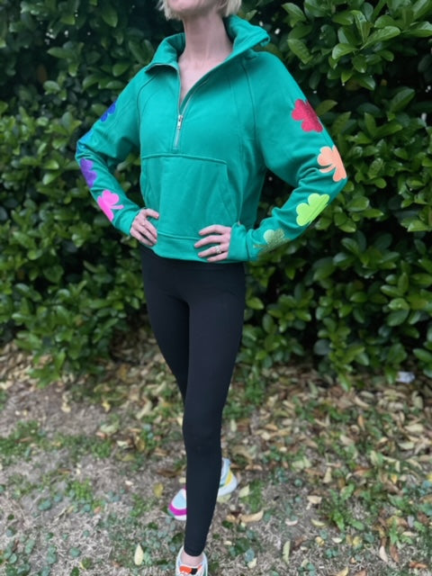 Shamrock Sleeves (Rainbow) - Kelly Green Half Zip Crop Sweatshirt