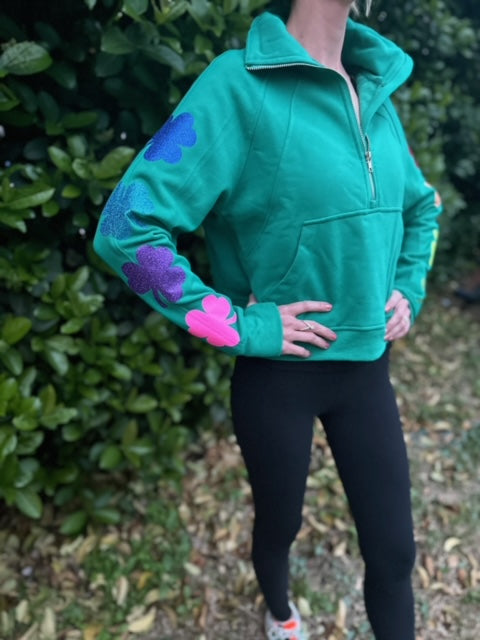 Shamrock Sleeves (Rainbow) - Kelly Green Half Zip Crop Sweatshirt