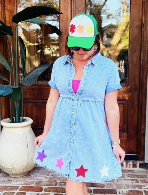 Star Denim Dress (Rainbow) - Short Sleeve Button Down