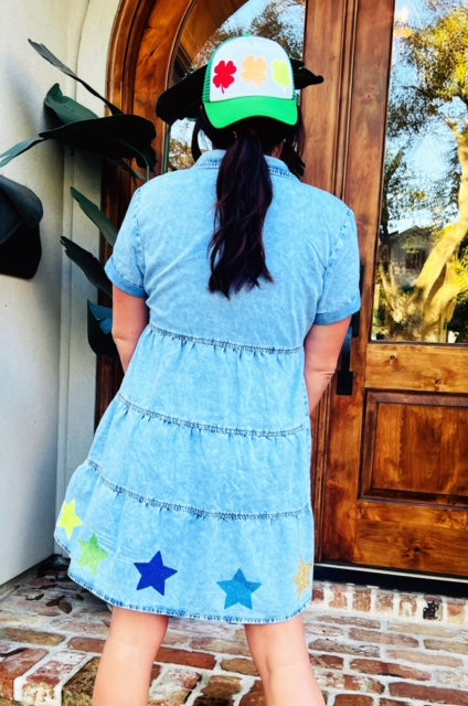 Star Denim Dress (Rainbow) - Short Sleeve Button Down