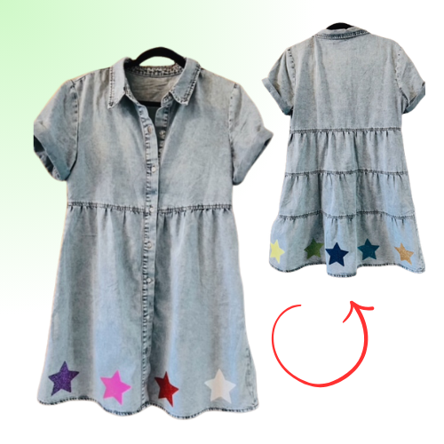 Star Denim Dress (Rainbow) - Short Sleeve Button Down