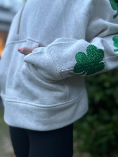 Shamrock Sleeves (Green) - Heathered Ivory Half Zip Hoodie