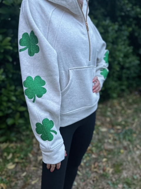 Shamrock Sleeves (Green) - Heathered Ivory Half Zip Hoodie