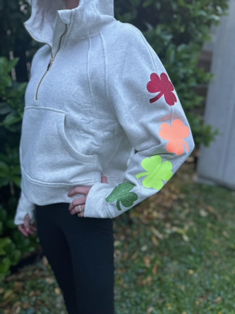 Shamrock Sleeves (Rainbow) - Heathered Ivory Half Zip Hoodie